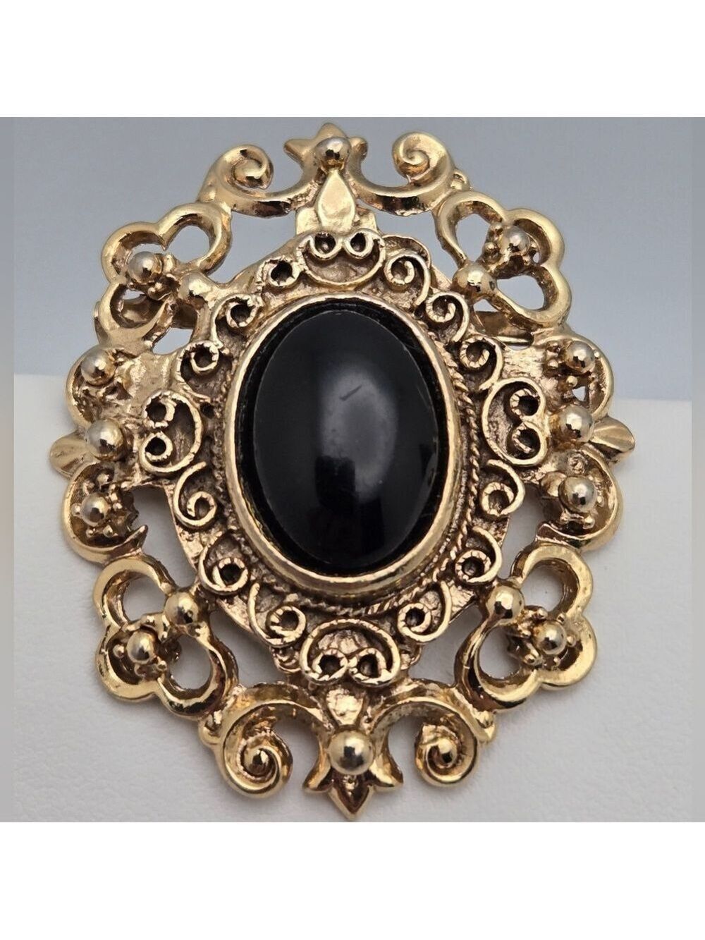 Vintage Gold-Tone Filigree Brooch Black Oval Cabochon Gothic & Victorian Style